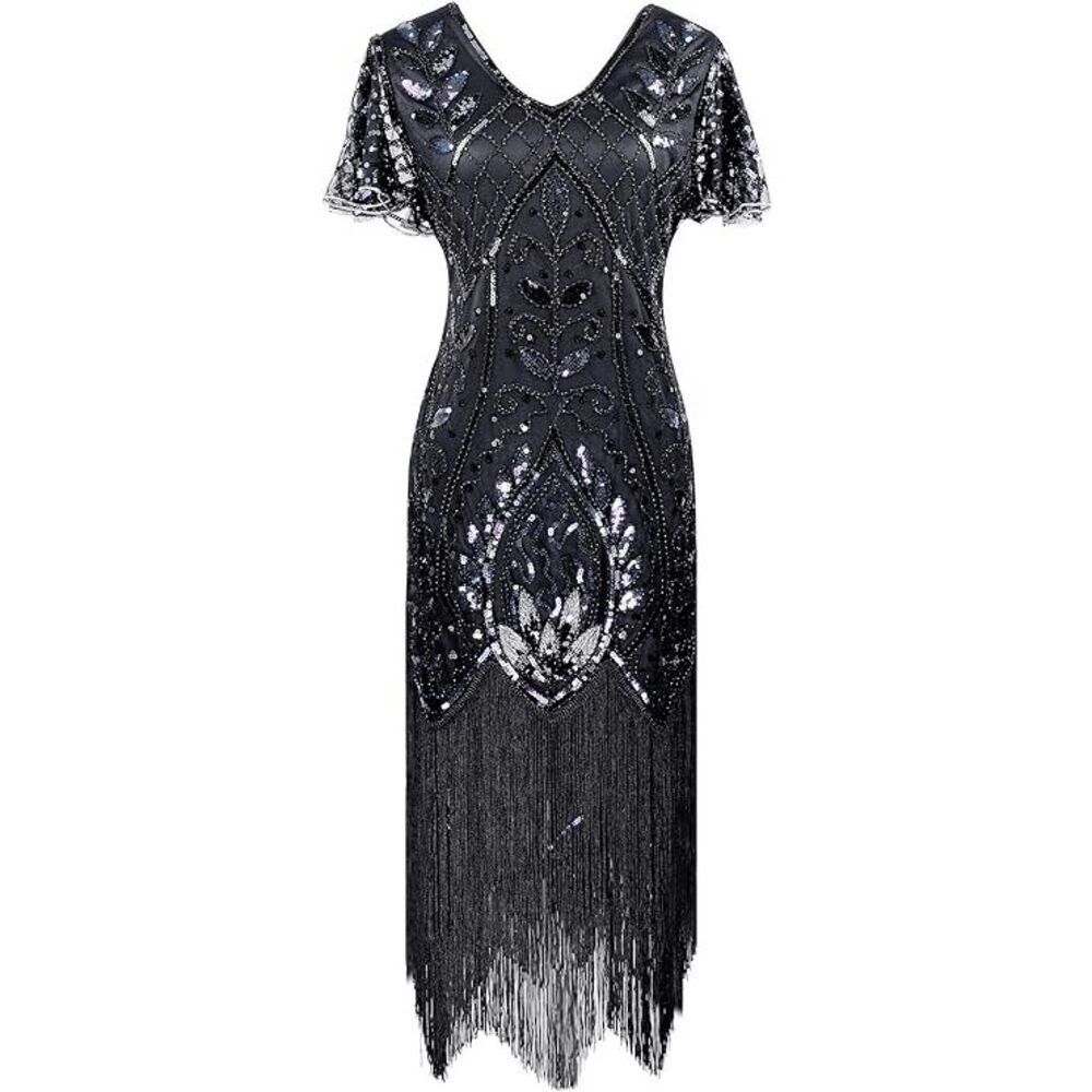 ✨ Flapper Great Gatsby 1920s Retro Tassel Fringe Sequin Midi Black Dress XL NEW